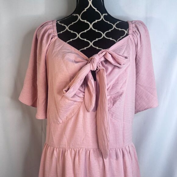 Kim Curvy Pink Flutter Sleeve Tie Front Fit & Flare Cottage Core Dress Size 24W - Picture 3 of 10